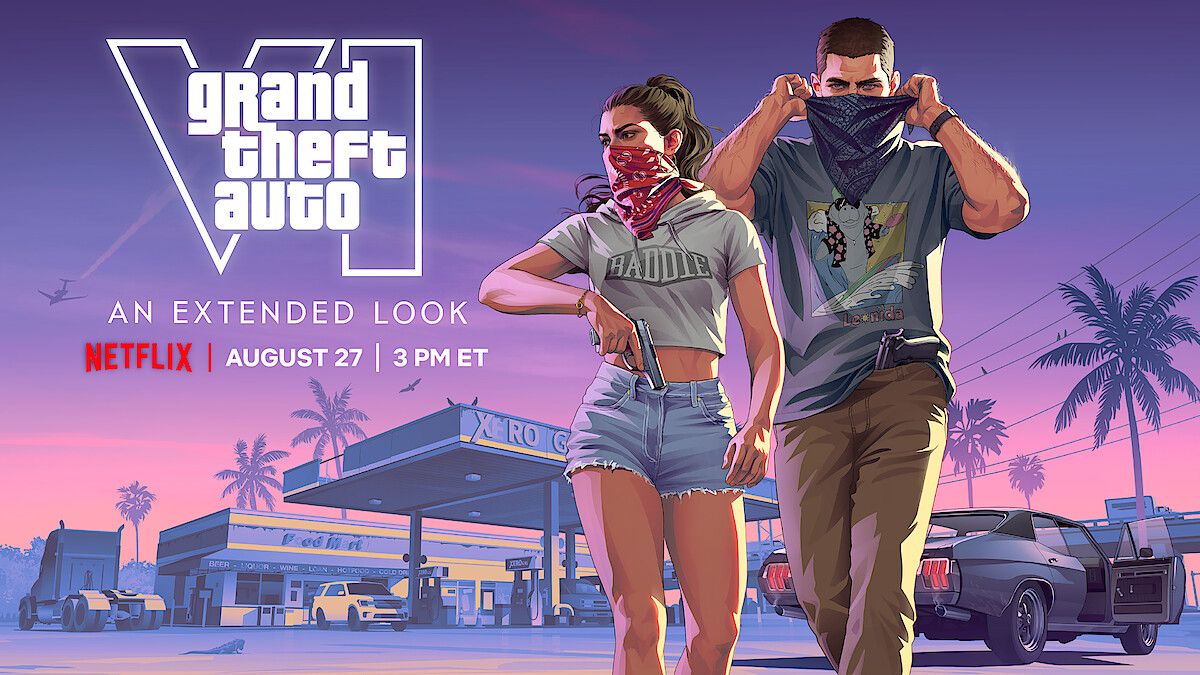 Ilustración de GTA VI con dos personajes frente a una gasolinera y el anuncio del evento en Netflix