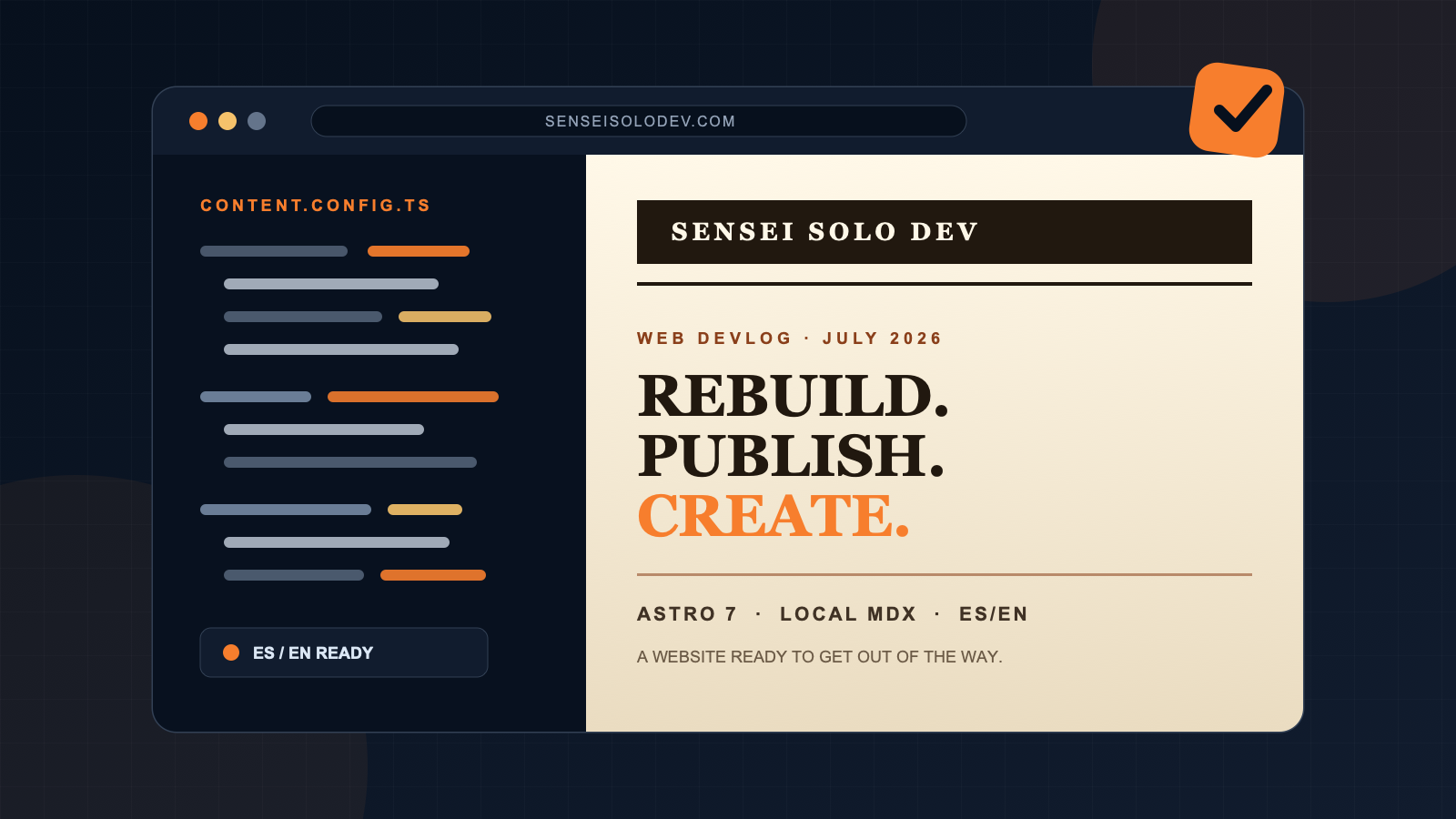 Una ventana de navegador dividida entre código y una portada editorial con las palabras en inglés Rebuild, Publish y Create