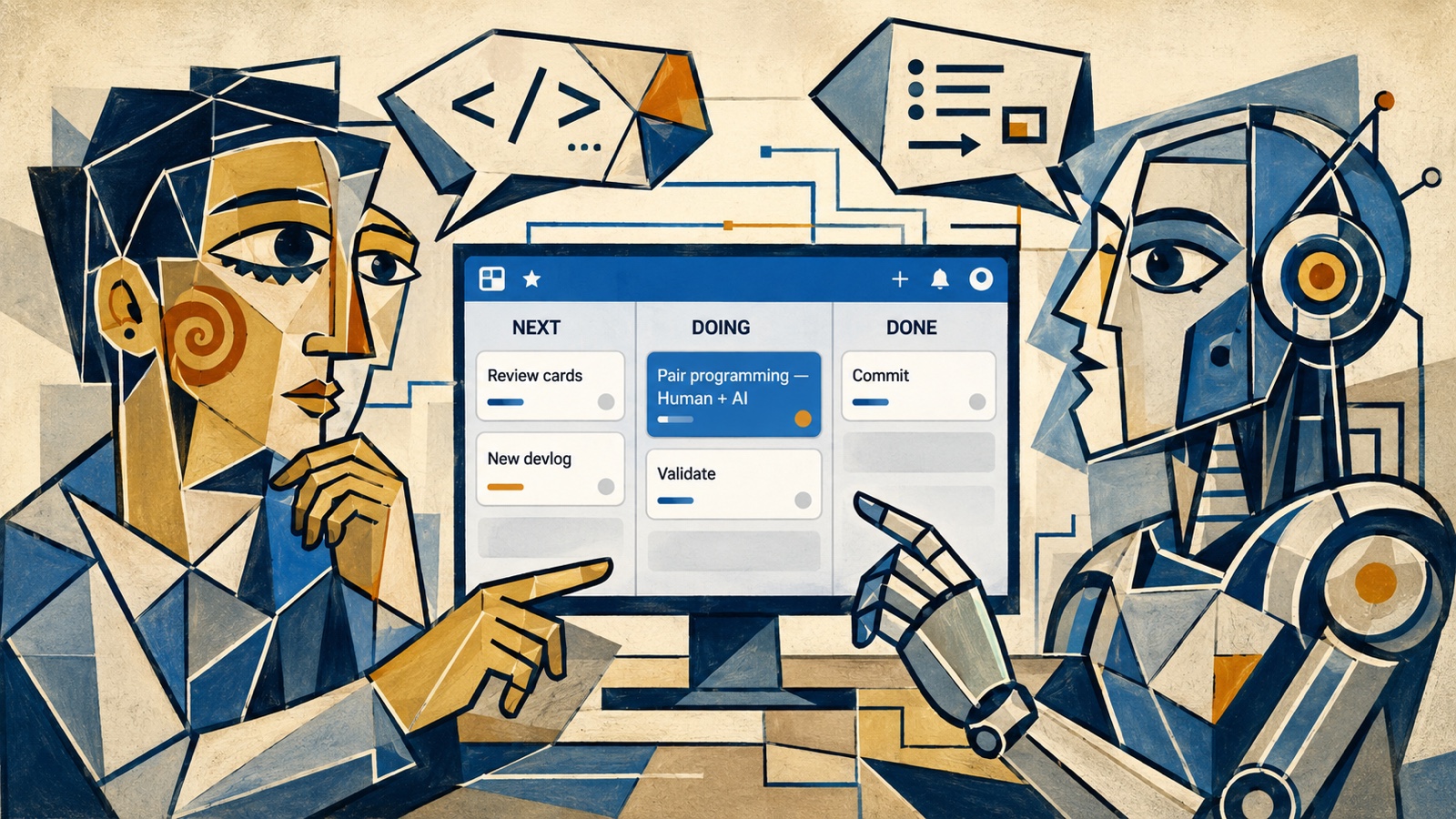 Una persona y un asistente de IA haciendo pair programming frente a un tablero de Trello